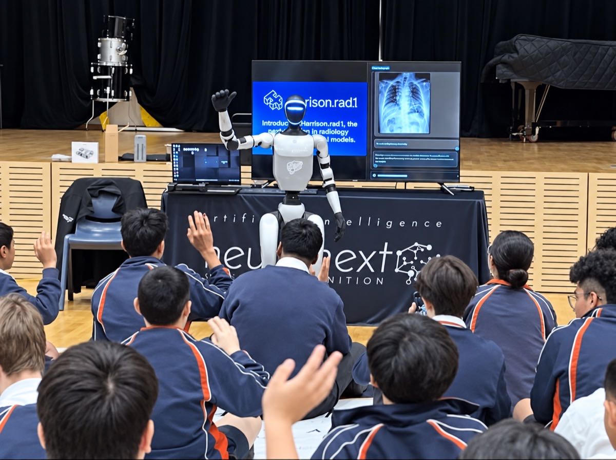 School students raising their hands during an interactive humanoid robotics presentation